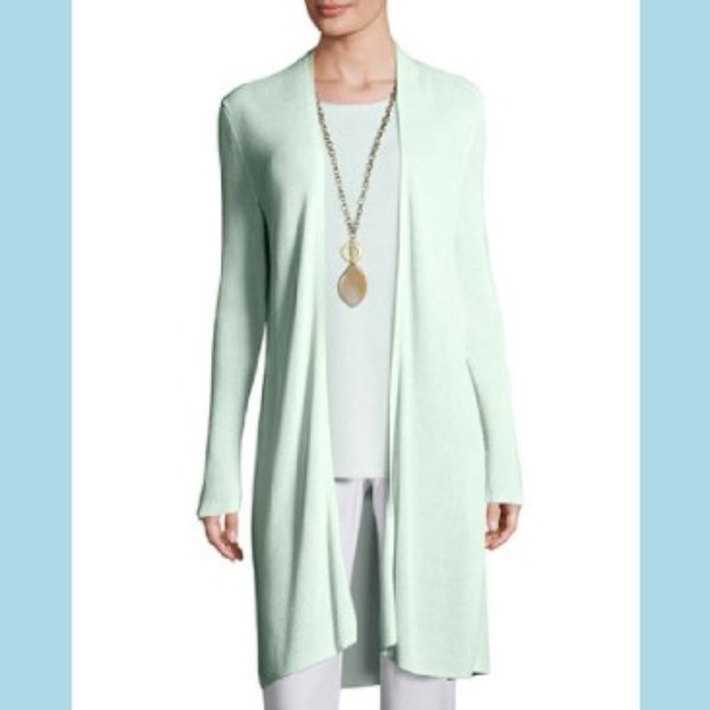 NWT EILEEN FISHER Aurora Green Long Open Front Cardigan Sweater M